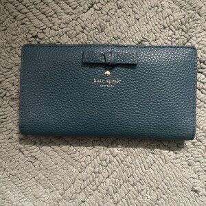 Kate Spade Stacy Dark Teal Leather Wallet with Bow Accent Snap Closure